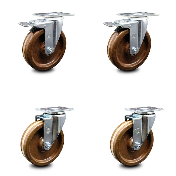 5 Inch High Temp Phenolic Wheel Swivel Top Plate Caster Total Lock Brakes, 2PK